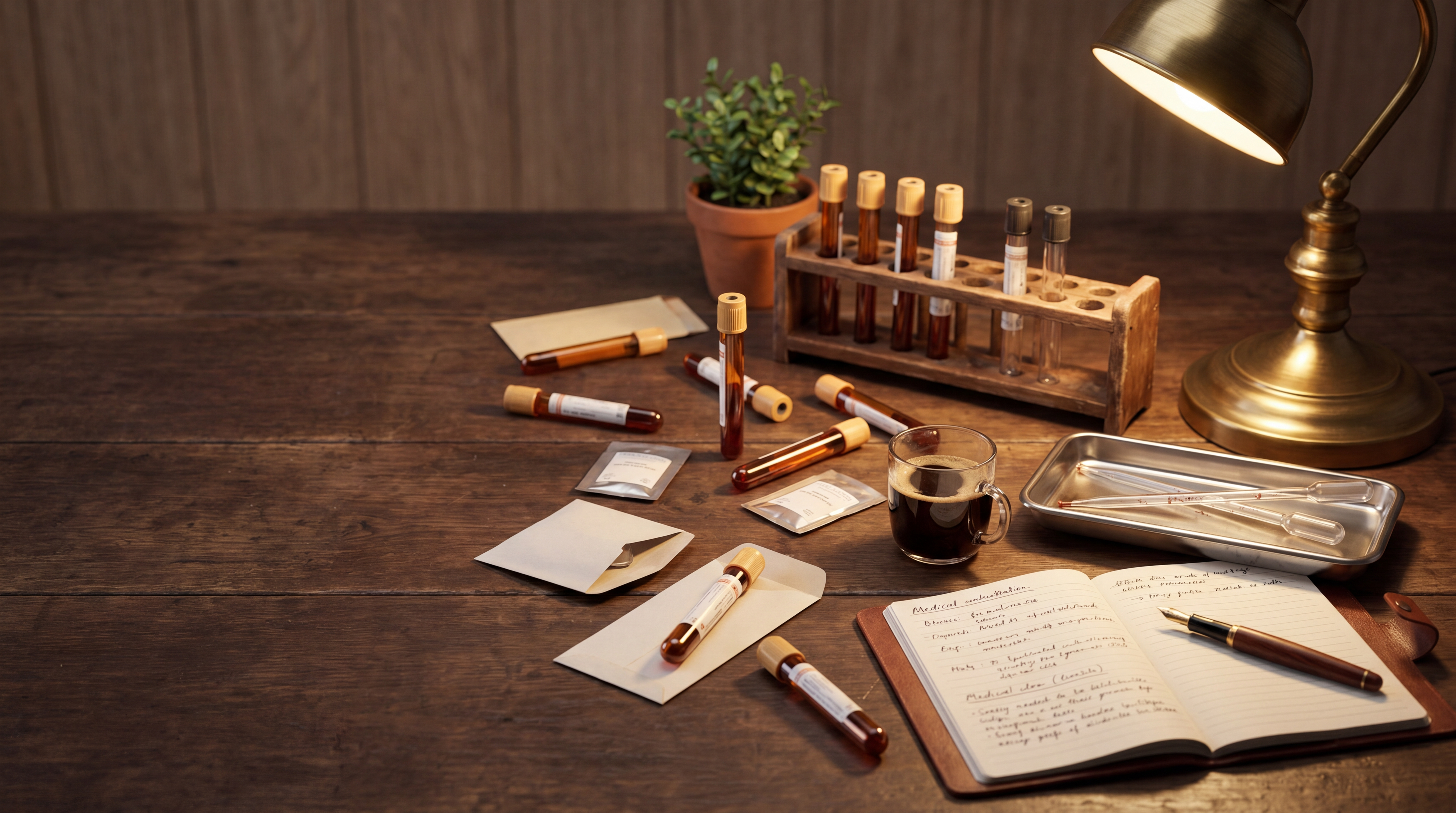 Atelier biologique authentique, paillasse, tubes, carnet, café