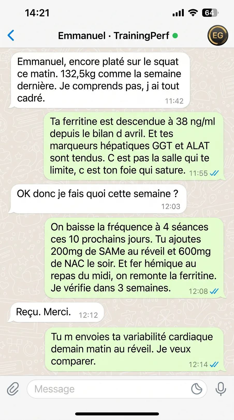 Conversation WhatsApp anonymisée, cas athlète plateau squat ferritine basse