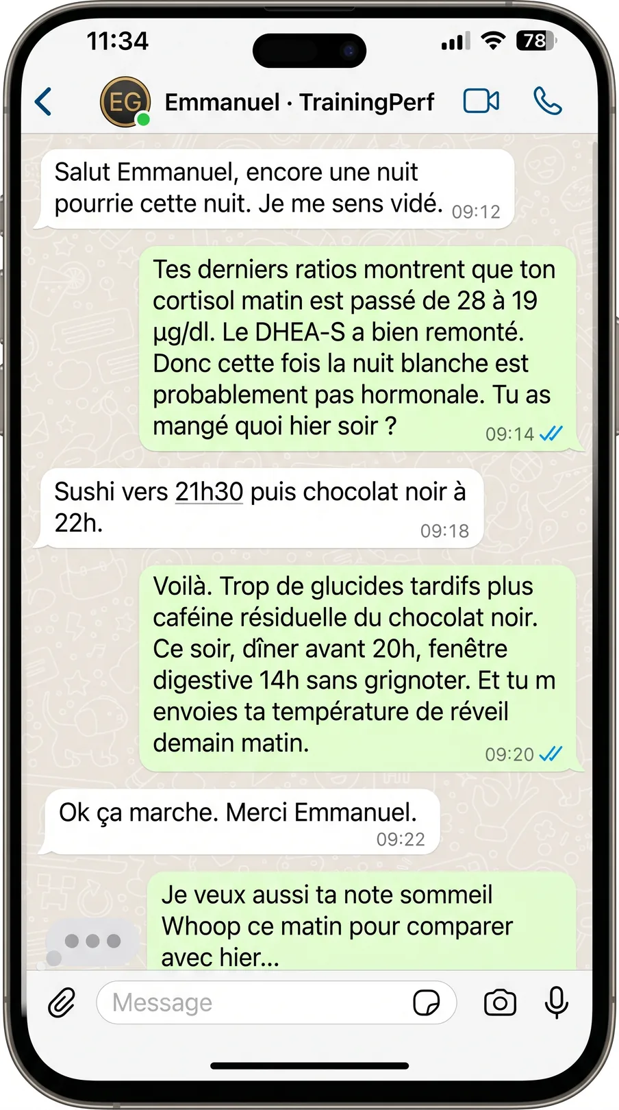 Conversation WhatsApp anonymisée, cas entrepreneur cortisol matin et sommeil